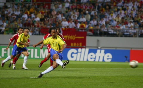 Ronaldinho of Brazil scores from the penalty spot