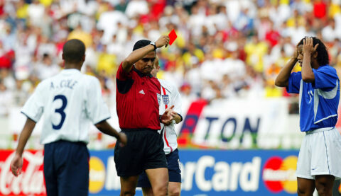 Ronaldinho of Brazil is sent off